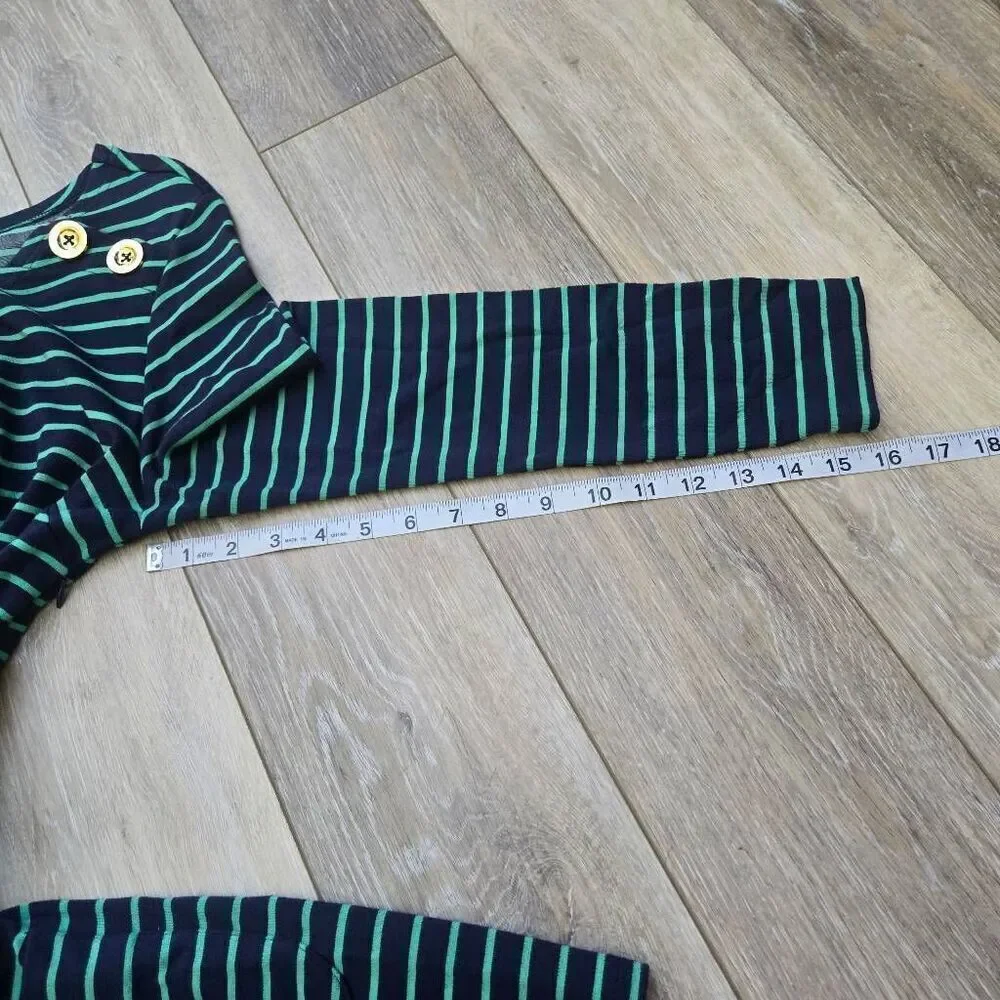 Sail To Sable striped green and navy blue midi dress gold toned buttons xs xsmal